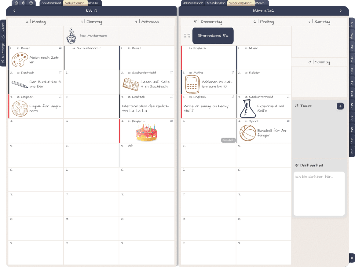 Wochenplaner-Ansicht in Plantegro: Unterrichtseinheiten, Termine und Notizen auf einen Blick